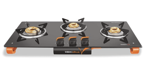 Vidiem Gas Stove G3 121 A Air Plus (Orange And Black) | 3 Burner Gas Stove Frameless | 8Mm Toughened Glass Gas Stove | Manual Ignition | 2 Years Warranty, Tempered Glass